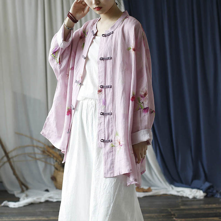 Camisa tipo chaqueta de lino de ramio de manga larga con diseño de botones de rana y estampado de flores rosas con Buddha Stones - image 23