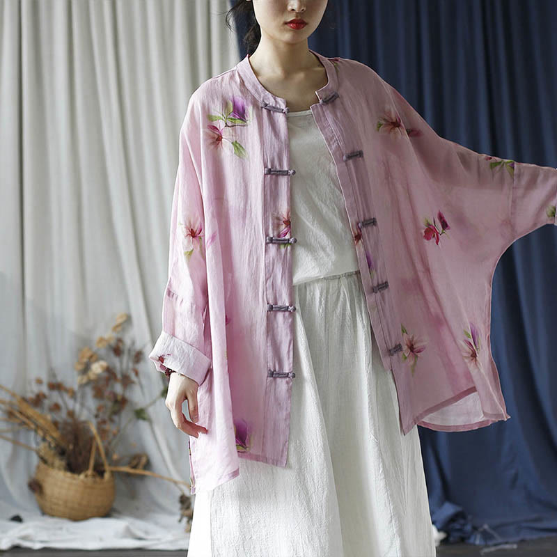 Camisa tipo chaqueta de lino de ramio de manga larga con diseño de botones de rana y estampado de flores rosas con Buddha Stones - image 28