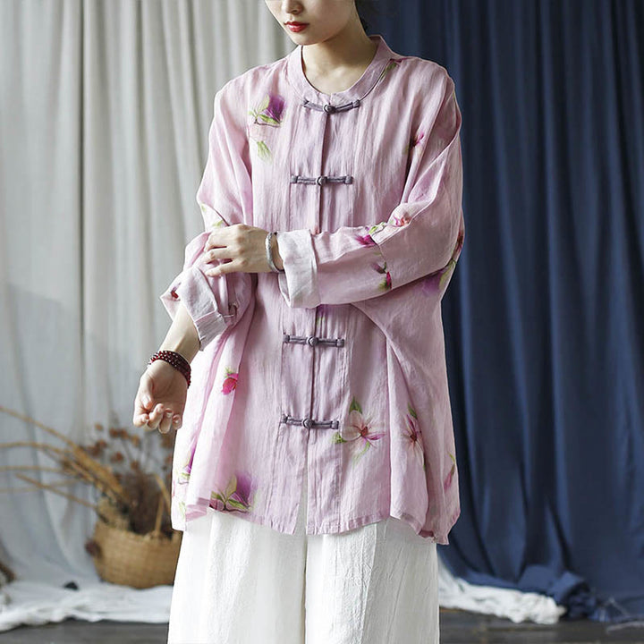 Camisa tipo chaqueta de lino de ramio de manga larga con diseño de botones de rana y estampado de flores rosas con Buddha Stones - image 30