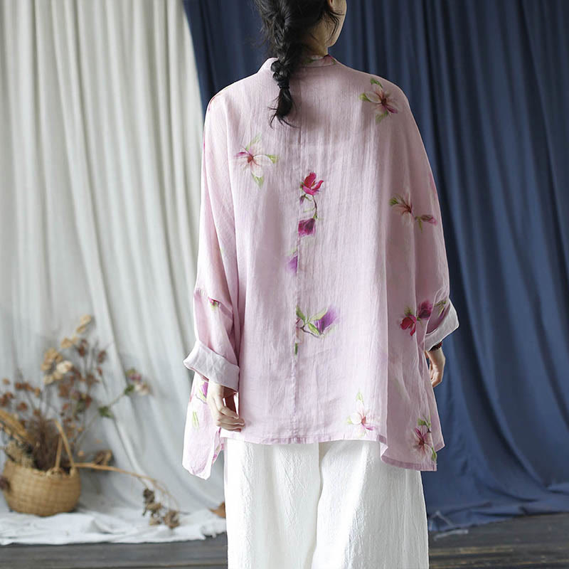Camisa tipo chaqueta de lino de ramio de manga larga con diseño de botones de rana y estampado de flores rosas con Buddha Stones - image 19