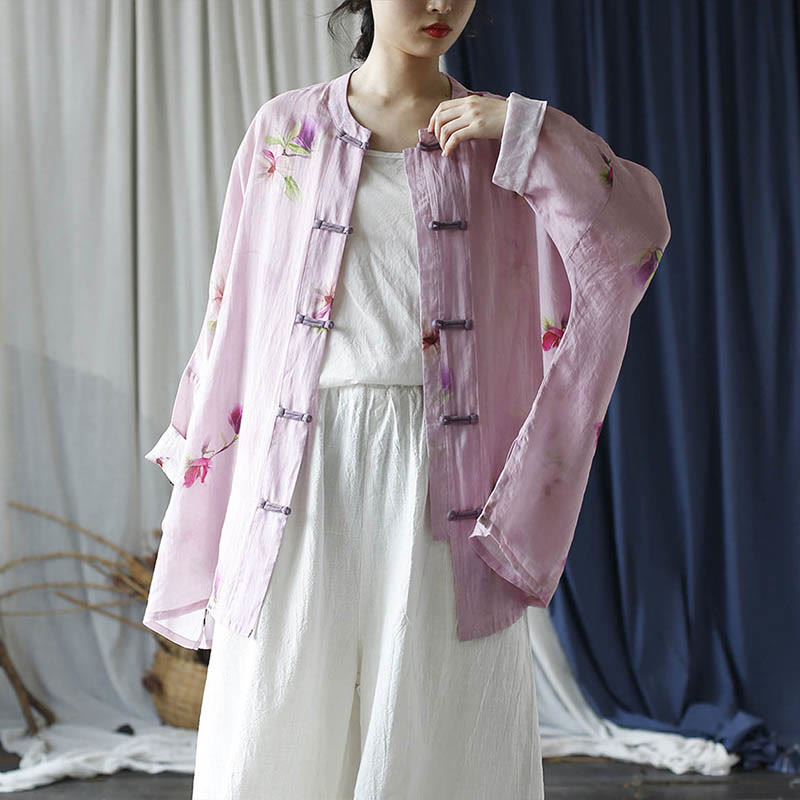 Camisa tipo chaqueta de lino de ramio de manga larga con diseño de botones de rana y estampado de flores rosas con Buddha Stones - image 29