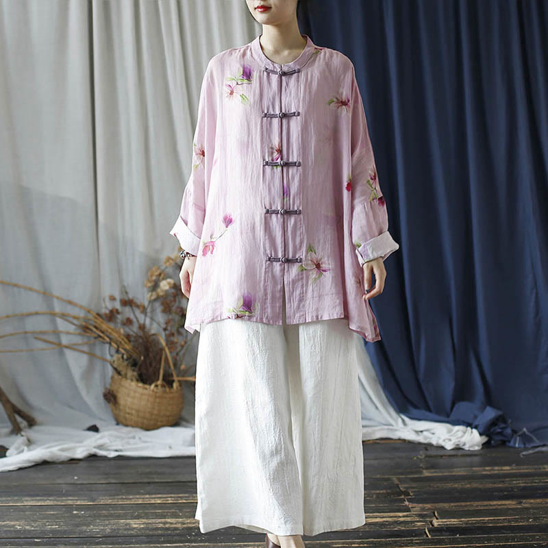 Camisa tipo chaqueta de lino de ramio de manga larga con diseño de botones de rana y estampado de flores rosas con Buddha Stones - image 38