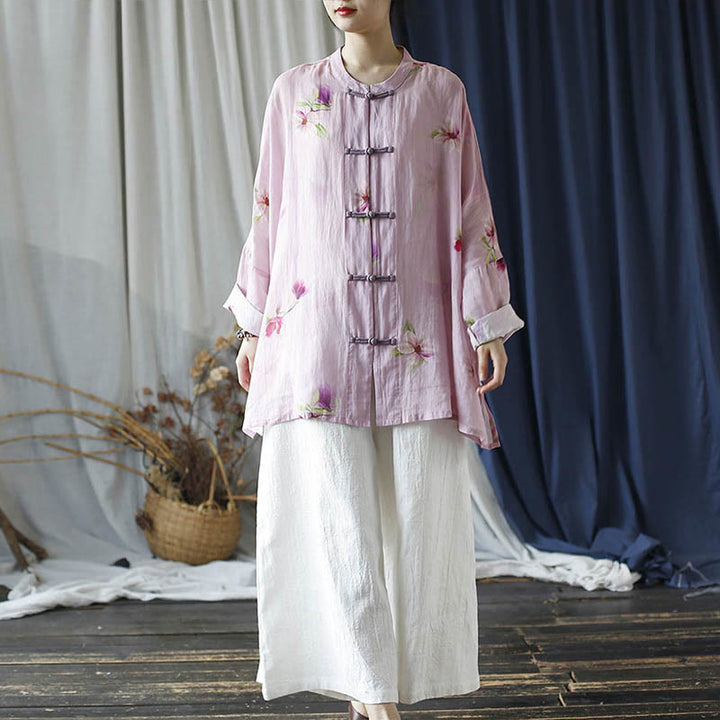 Camisa tipo chaqueta de lino de ramio de manga larga con diseño de botones de rana y estampado de flores rosas con Buddha Stones - image 38
