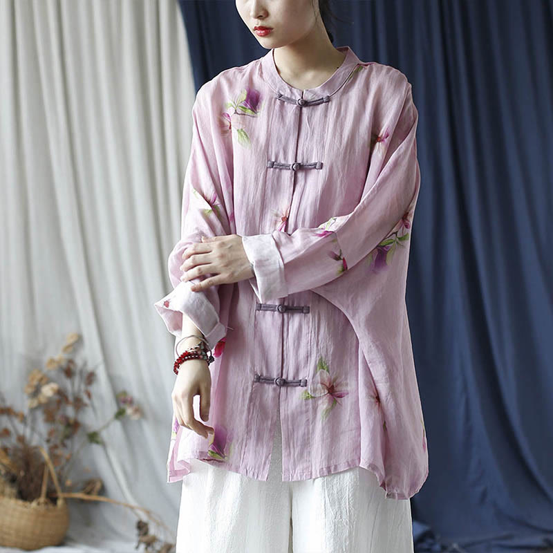 Camisa tipo chaqueta de lino de ramio de manga larga con diseño de botones de rana y estampado de flores rosas con Buddha Stones - image 27
