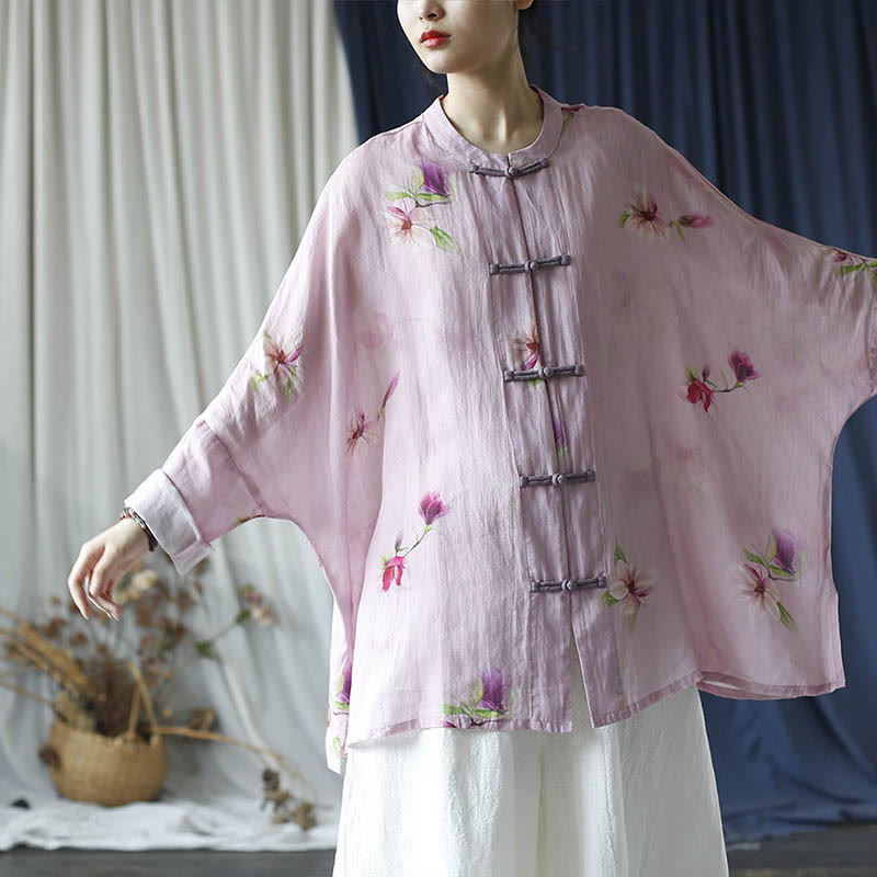 Camisa tipo chaqueta de lino de ramio de manga larga con diseño de botones de rana y estampado de flores rosas con Buddha Stones - image 22