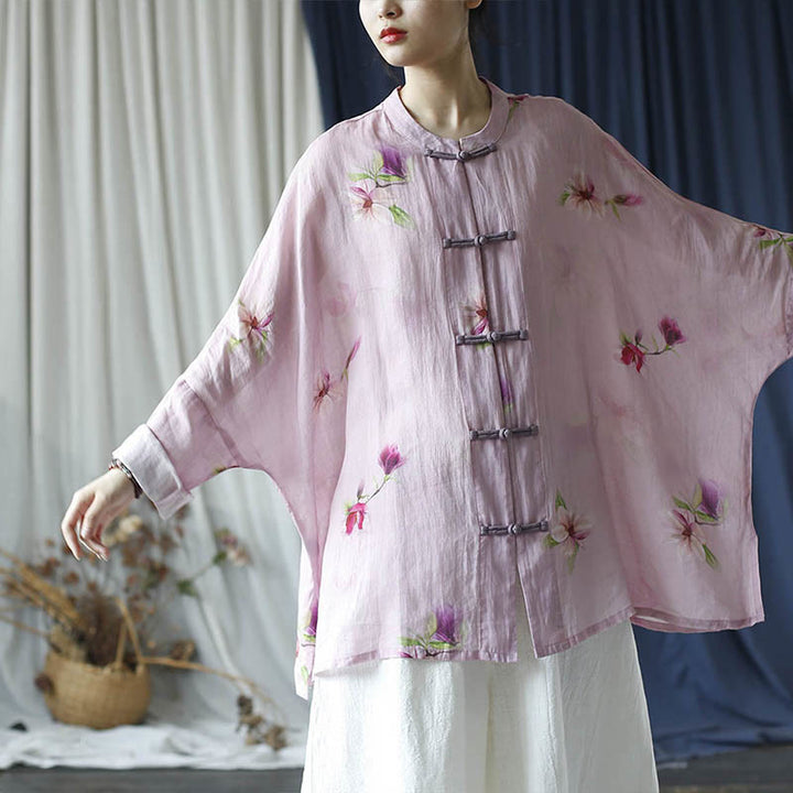 Camisa tipo chaqueta de lino de ramio de manga larga con diseño de botones de rana y estampado de flores rosas con Buddha Stones - image 22