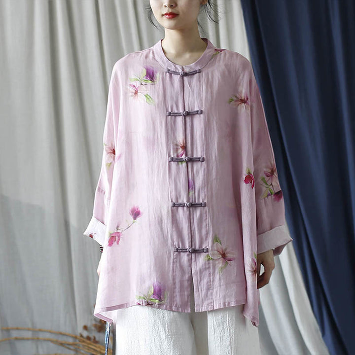 Camisa tipo chaqueta de lino de ramio de manga larga con diseño de botones de rana y estampado de flores rosas con Buddha Stones - image 33