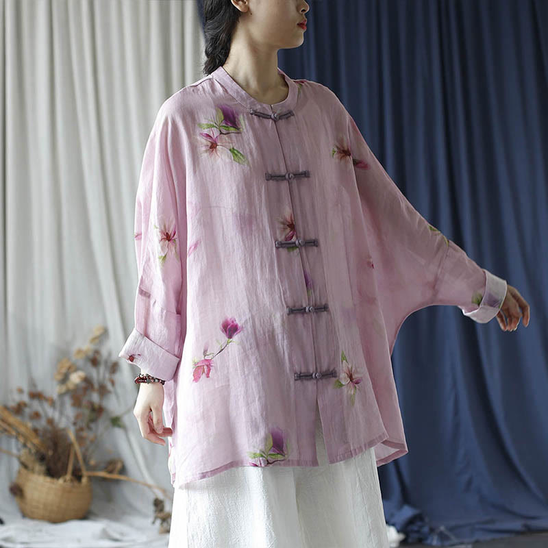 Camisa tipo chaqueta de lino de ramio de manga larga con diseño de botones de rana y estampado de flores rosas con Buddha Stones - image 35
