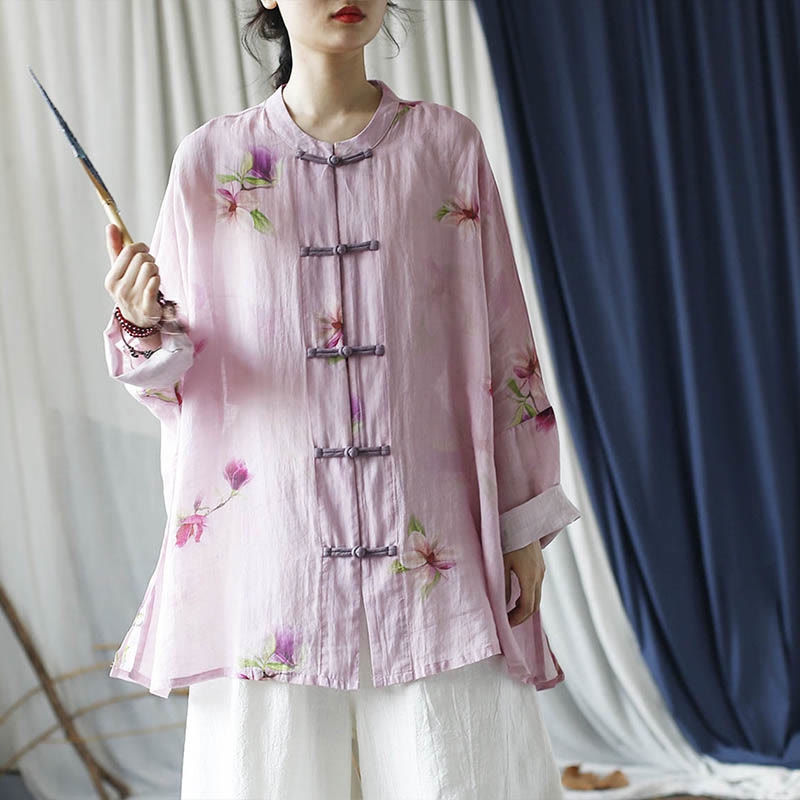 Camisa tipo chaqueta de lino de ramio de manga larga con diseño de botones de rana y estampado de flores rosas con Buddha Stones - image 31