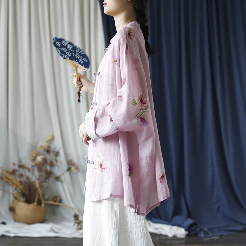 Camisa tipo chaqueta de lino de ramio de manga larga con diseño de botones de rana y estampado de flores rosas con Buddha Stones - image 21