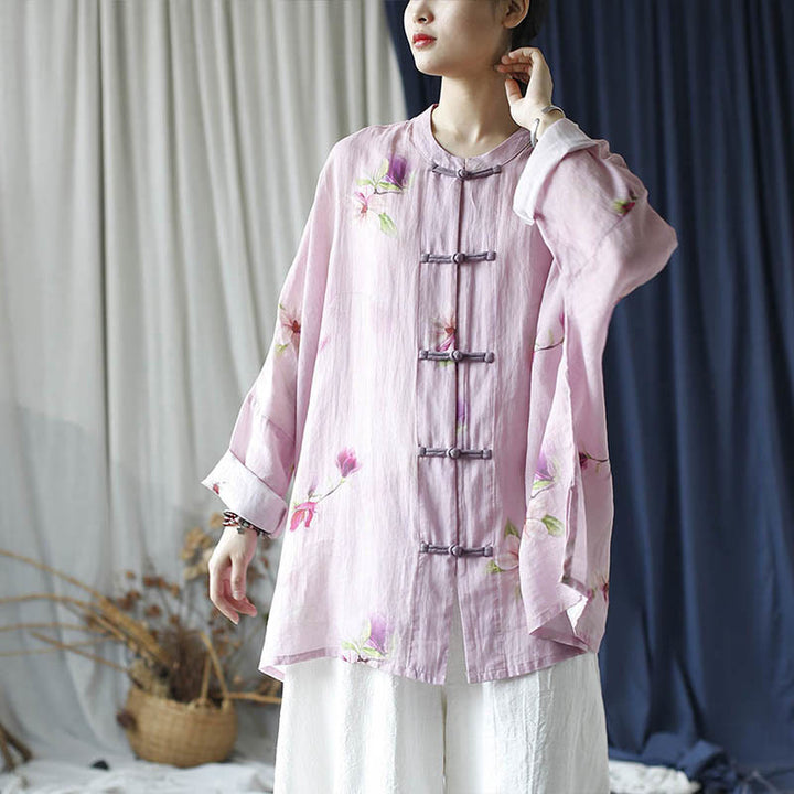 Camisa tipo chaqueta de lino de ramio de manga larga con diseño de botones de rana y estampado de flores rosas con Buddha Stones - image 20