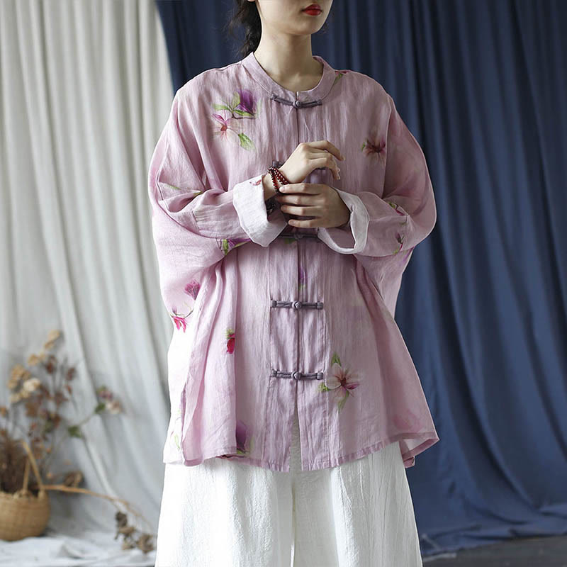Camisa tipo chaqueta de lino de ramio de manga larga con diseño de botones de rana y estampado de flores rosas con Buddha Stones - image 34