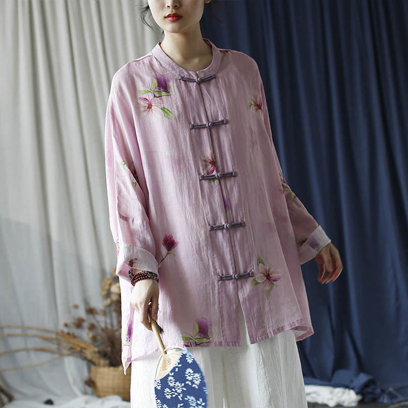 Camisa tipo chaqueta de lino de ramio de manga larga con diseño de botones de rana y estampado de flores rosas con Buddha Stones - image 32