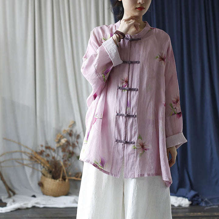 Camisa tipo chaqueta de lino de ramio de manga larga con diseño de botones de rana y estampado de flores rosas con Buddha Stones - image 36
