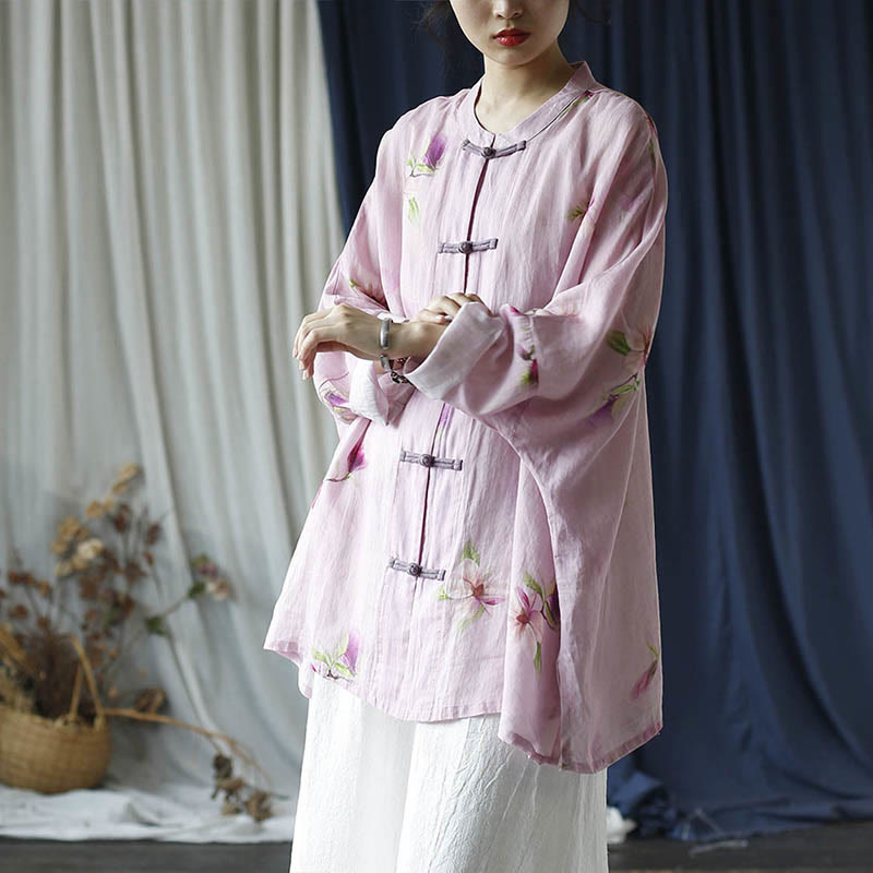Camisa tipo chaqueta de lino de ramio de manga larga con diseño de botones de rana y estampado de flores rosas con Buddha Stones - image 37