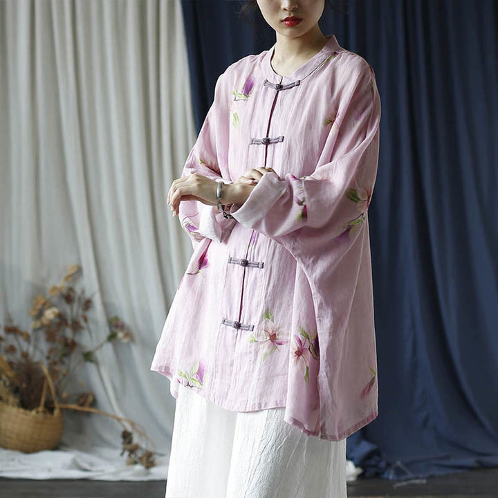 Camisa tipo chaqueta de lino de ramio de manga larga con diseño de botones de rana y estampado de flores rosas con Buddha Stones - image 37