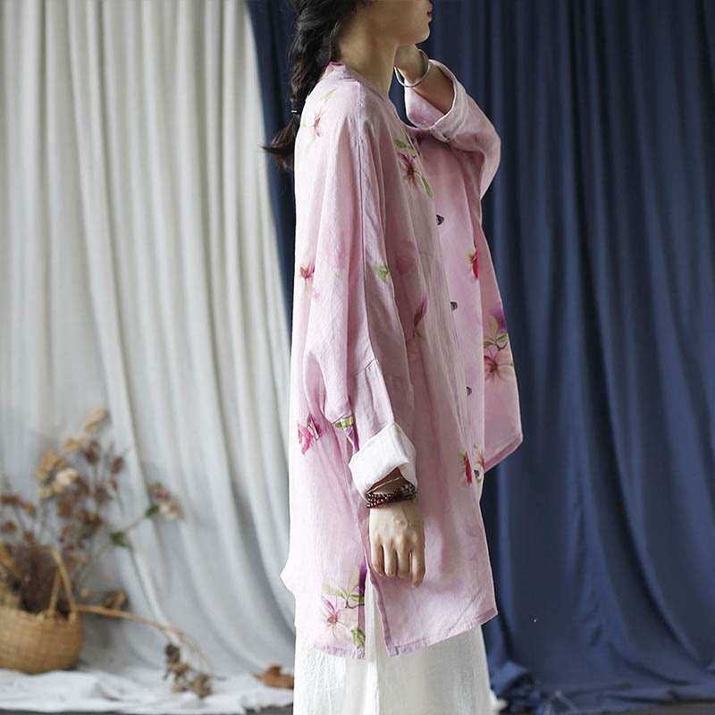 Camisa tipo chaqueta de lino de ramio de manga larga con diseño de botones de rana y estampado de flores rosas con Buddha Stones - image 18
