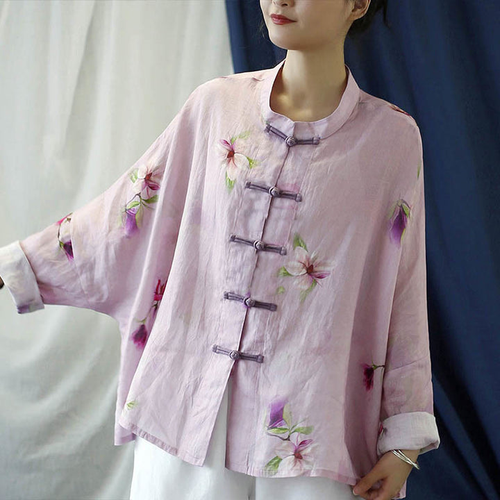 Camisa tipo chaqueta de lino de ramio de manga larga con diseño de botones de rana y estampado de flores rosas con Buddha Stones - image 14