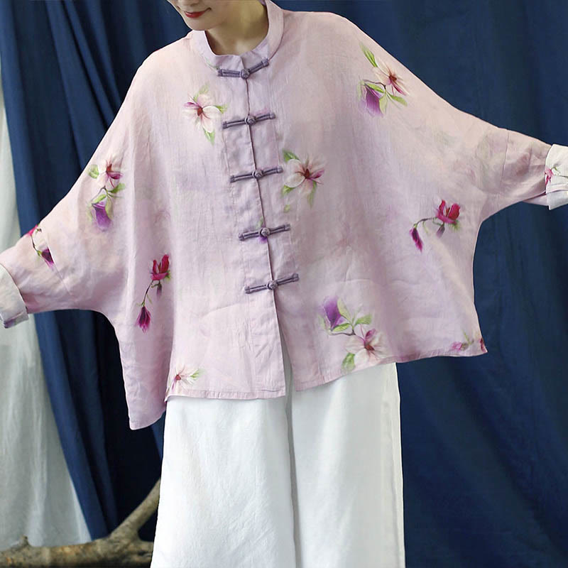 Camisa tipo chaqueta de lino de ramio de manga larga con diseño de botones de rana y estampado de flores rosas con Buddha Stones - image 12