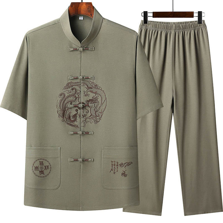 Buddha Stones Dragon Fu personaje Tang traje tradicional camisa de manga corta pantalones de pierna ancha ropa conjunto para hombres - Verde (Top y pantalón) - US/UK/AU44, EU54 (4XL) - image 17