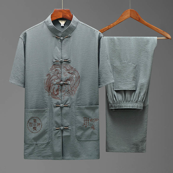 Buddha Stones Dragon Fu personaje Tang traje tradicional camisa de manga corta pantalones de pierna ancha ropa conjunto para hombres - Gris (Top y pantalón) - US/UK/AU44, EU54 (4XL) - image 2