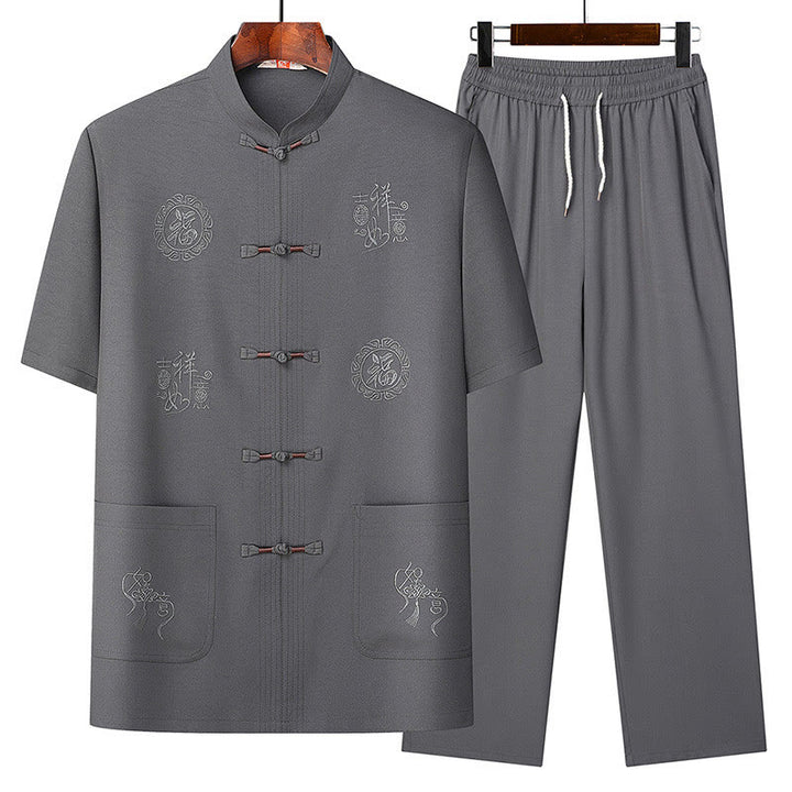 Conjunto de ropa para hombre, traje Tang bordado de buena fortuna con personaje de Buddha Stones , uniforme tradicional de manga corta, Top y pantalones