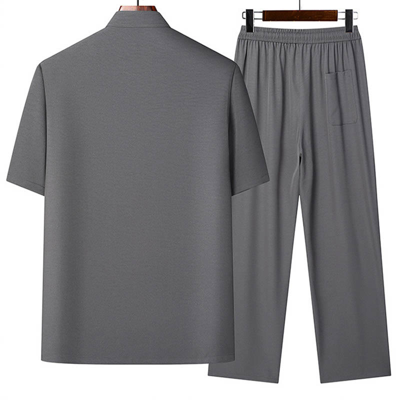 Conjunto de ropa para hombre, traje Tang bordado de buena fortuna con personaje de Buddha Stones , uniforme tradicional de manga corta, Top y pantalones