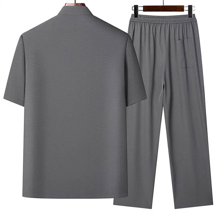 Conjunto de ropa para hombre, traje Tang bordado de buena fortuna con personaje de Buddha Stones , uniforme tradicional de manga corta, Top y pantalones