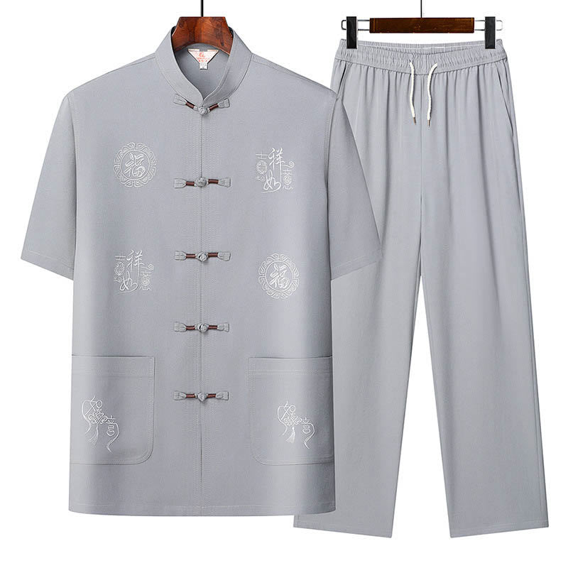 Conjunto de ropa para hombre, traje Tang bordado de buena fortuna con personaje de Buddha Stones , uniforme tradicional de manga corta, Top y pantalones