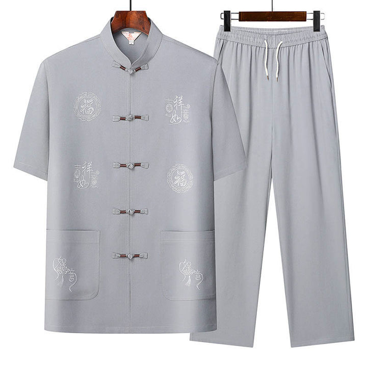 Conjunto de ropa para hombre, traje Tang bordado de buena fortuna con personaje de Buddha Stones , uniforme tradicional de manga corta, Top y pantalones