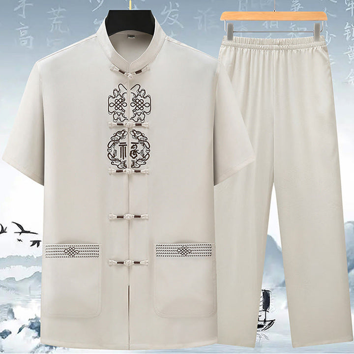 Conjunto de ropa para hombre, traje Tang bordado anudado chino con personaje Fu de Buddha Stones , Top tradicional de manga corta, pantalones, ropa
