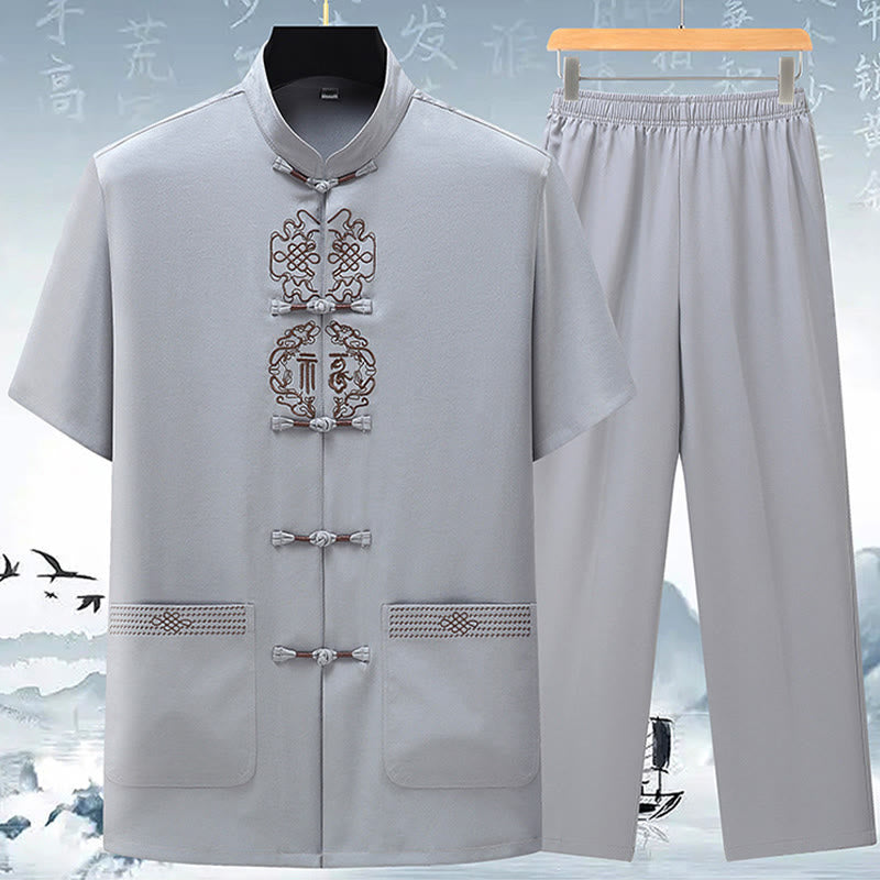 Conjunto de ropa para hombre, traje Tang bordado anudado chino con personaje Fu de Buddha Stones , Top tradicional de manga corta, pantalones, ropa