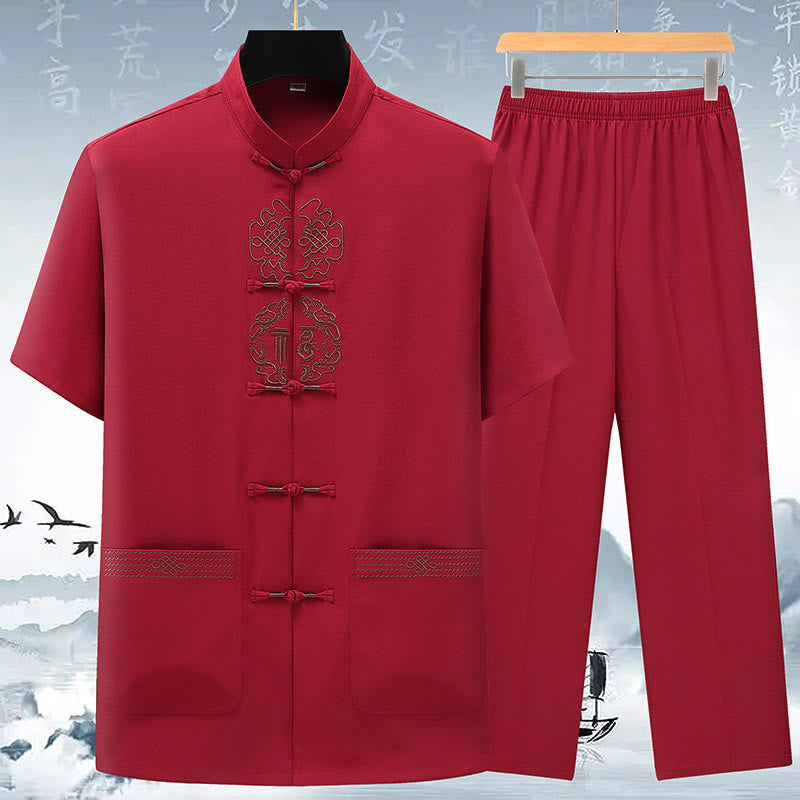 Conjunto de ropa para hombre, traje Tang bordado anudado chino con personaje Fu de Buddha Stones , Top tradicional de manga corta, pantalones, ropa