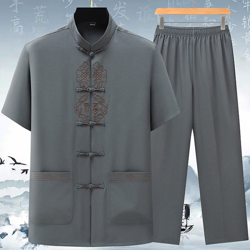Conjunto de ropa para hombre, traje Tang bordado anudado chino con personaje Fu de Buddha Stones , Top tradicional de manga corta, pantalones, ropa