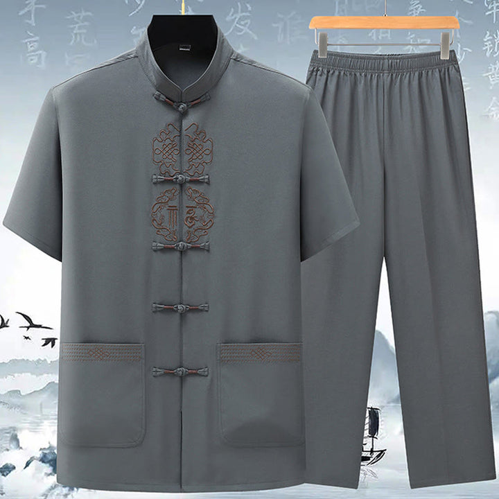 Conjunto de ropa para hombre, traje Tang bordado anudado chino con personaje Fu de Buddha Stones , Top tradicional de manga corta, pantalones, ropa