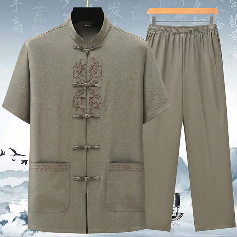 Conjunto de ropa para hombre, traje Tang bordado anudado chino con personaje Fu de Buddha Stones , Top tradicional de manga corta, pantalones, ropa