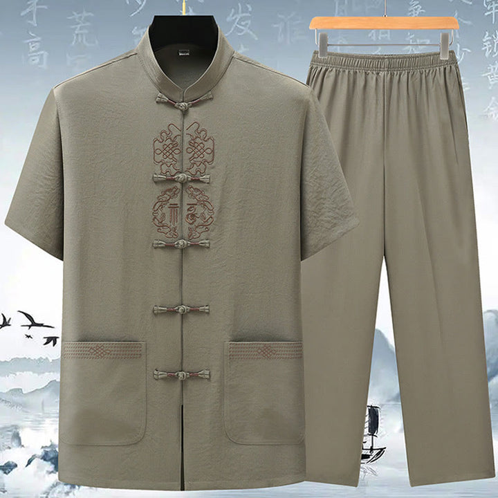 Conjunto de ropa para hombre, traje Tang bordado anudado chino con personaje Fu de Buddha Stones , Top tradicional de manga corta, pantalones, ropa