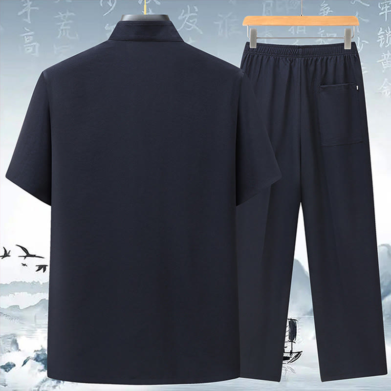 Conjunto de ropa para hombre, traje Tang bordado anudado chino con personaje Fu de Buddha Stones , Top tradicional de manga corta, pantalones, ropa