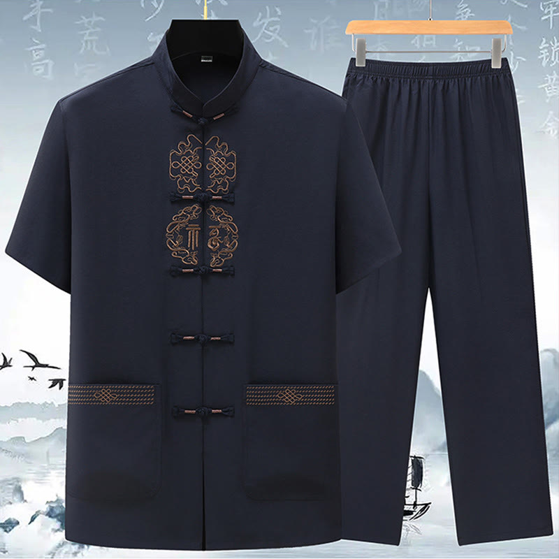 Conjunto de ropa para hombre, traje Tang bordado anudado chino con personaje Fu de Buddha Stones , Top tradicional de manga corta, pantalones, ropa