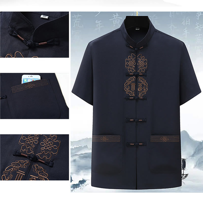 Conjunto de ropa para hombre, traje Tang bordado anudado chino con personaje Fu de Buddha Stones , Top tradicional de manga corta, pantalones, ropa
