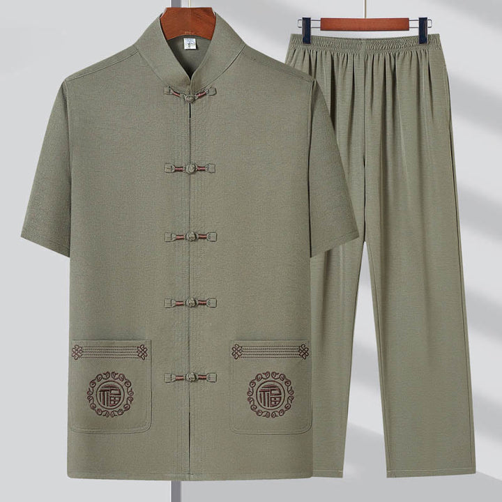 Buddha Stones Fu personaje bordado traje Tang tradicional botón de rana manga corta Top pantalones ropa conjunto para hombres - Verde claro (camiseta y pantalón) - US/UK/AU44, EU54 (4XL) - image 0