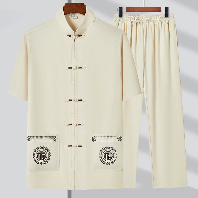 Buddha Stones Fu personaje bordado traje Tang tradicional botón de rana manga corta Top pantalones ropa conjunto para hombres - Beige (Top y pantalón) - 4XL(Equivalente a la talla 44 de US/UK/AU44; 54 de la UE) - image 2