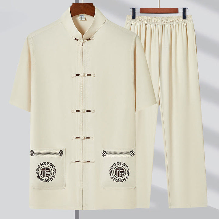 Buddha Stones Fu personaje bordado traje Tang tradicional botón de rana manga corta Top pantalones ropa conjunto para hombres - Beige (Top y pantalón) - 4XL(Equivalente a la talla 44 de US/UK/AU44; 54 de la UE) - image 2