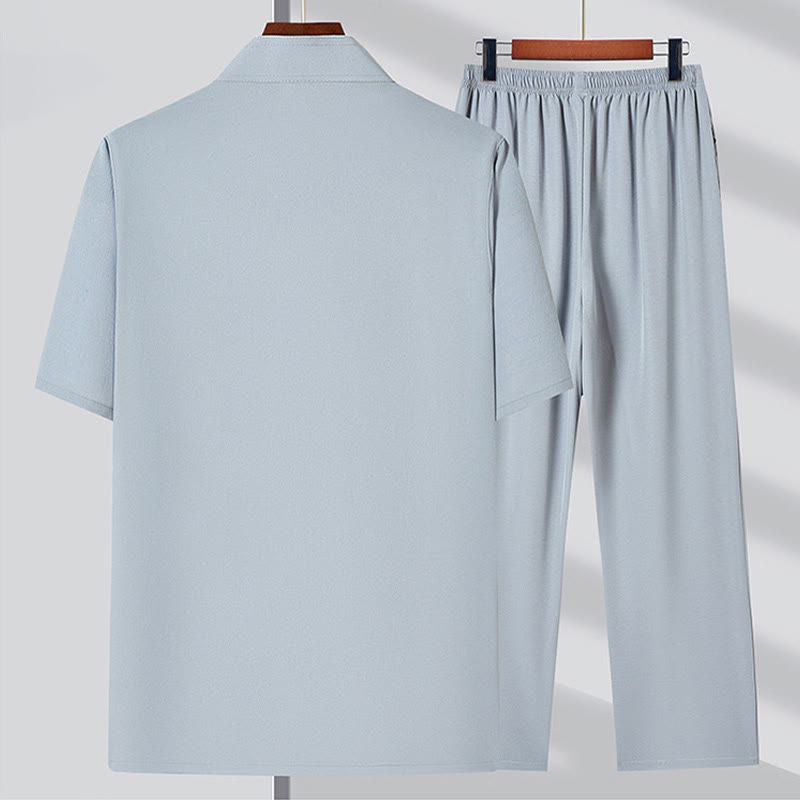 Buddha Stones Fu personaje bordado traje Tang tradicional botón de rana manga corta Top pantalones ropa conjunto para hombres - image 6