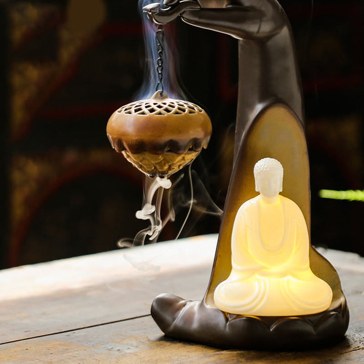 Quemador de incienso con palo de cerámica curativo, fuente de humo de reflujo de mano Led de Buddha Stones , decoración