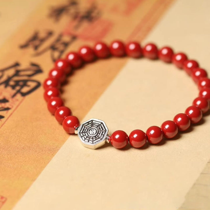 Pulsera de concentración de cuerda de cinabrio con símbolo de Yin Yang Bagua de plata de ley 925 con Buddha Stones