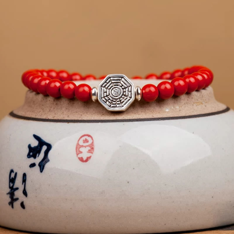 Pulsera de concentración de cuerda de cinabrio con símbolo de Yin Yang Bagua de plata de ley 925 con Buddha Stones