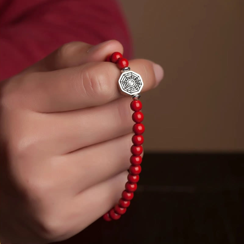 Pulsera de concentración de cuerda de cinabrio con símbolo de Yin Yang Bagua de plata de ley 925 con Buddha Stones