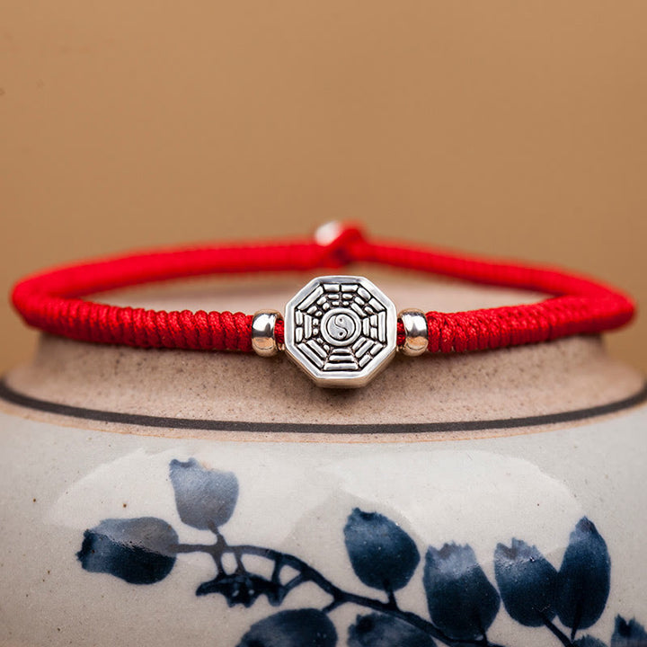 Pulsera de concentración de cuerda de cinabrio con símbolo de Yin Yang Bagua de plata de ley 925 con Buddha Stones