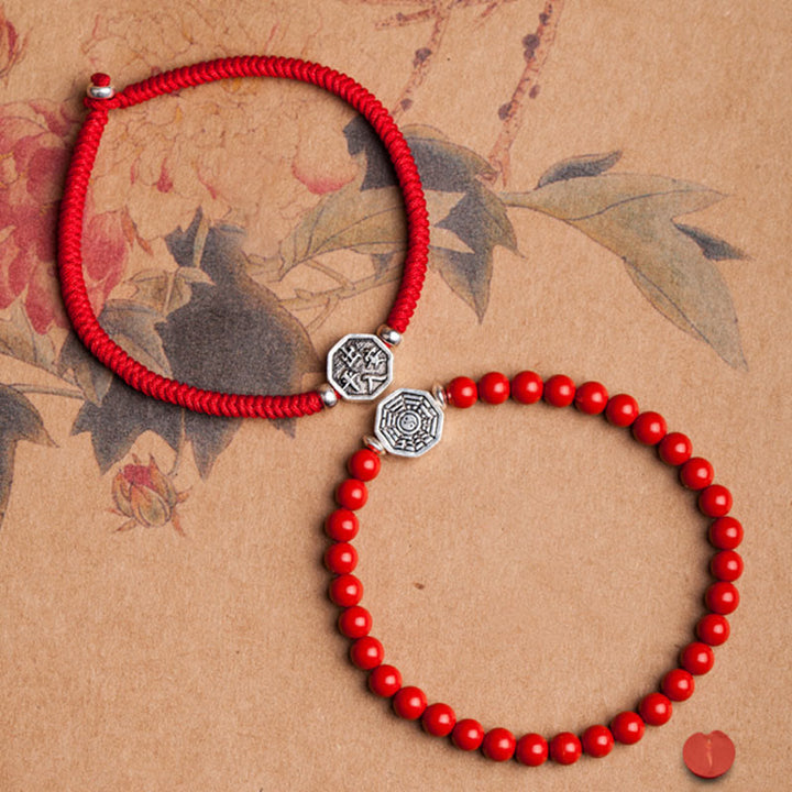 Pulsera de concentración de cuerda de cinabrio con símbolo de Yin Yang Bagua de plata de ley 925 con Buddha Stones